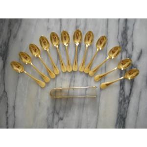 12 Christofle "perle" Gold-plated Metal Coffee/moka Spoons With Sugar Tongs