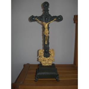 Antique Gilded And Patinated Bronze Crucifix From The Restoration Period; 19th-century Religious Art Object