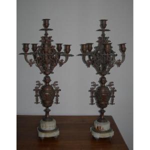 Pair Of Large Antique Candelabra From The Napoleon III Period (19th Century), Made Of Bronze And Marble