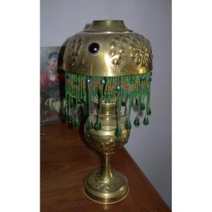 Parisian Art Nouveau-era Brass Kerosene Lamp, Circa 1900, With Cabochons And Pendants