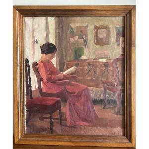 Tableau signé Léon Louis Parent ( 1869 - 1943 ) scène intimiste d'intérieur huile sur toile