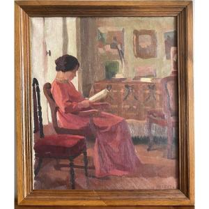 Tableau signé Léon Louis Parent ( 1869 - 1943 ) scène intimiste d'intérieur huile sur toile