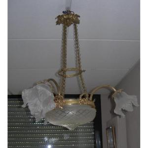 Lustre ancien en bronze ou laiton vasque et 3 tulipes en verre d'époque art déco suspension