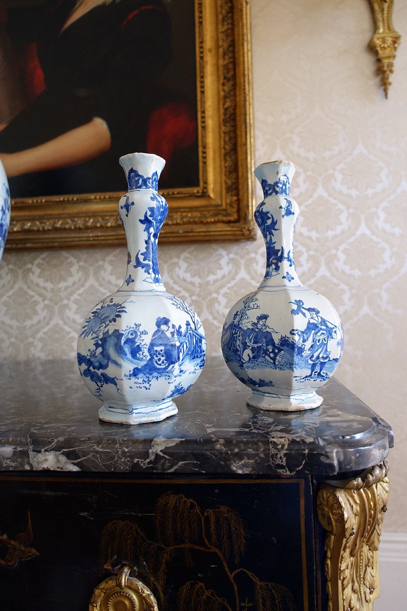 Pair Of Vases With Sides And High Collar In Nevers Earthenware - Chinese Decor - 17th Century-photo-4