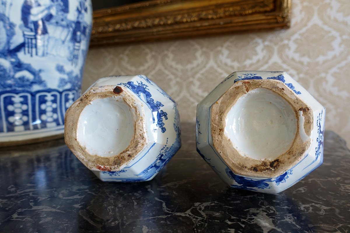 Pair Of Vases With Sides And High Collar In Nevers Earthenware - Chinese Decor - 17th Century-photo-7