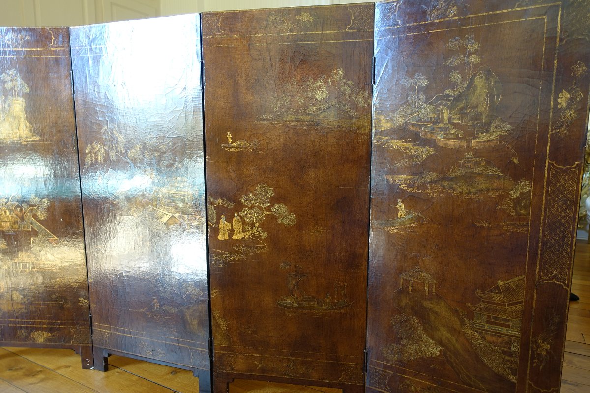 Four-panel Chinese Lacquer Screen With A Patinated Brown Background, Early 20th Century-photo-3