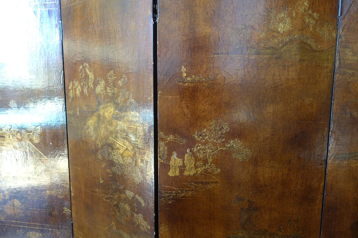 Four-panel Chinese Lacquer Screen With A Patinated Brown Background, Early 20th Century-photo-4