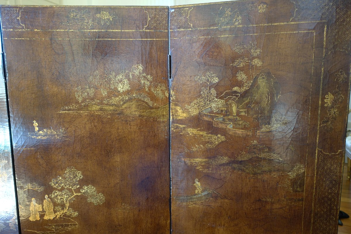 Four-panel Chinese Lacquer Screen With A Patinated Brown Background, Early 20th Century-photo-4
