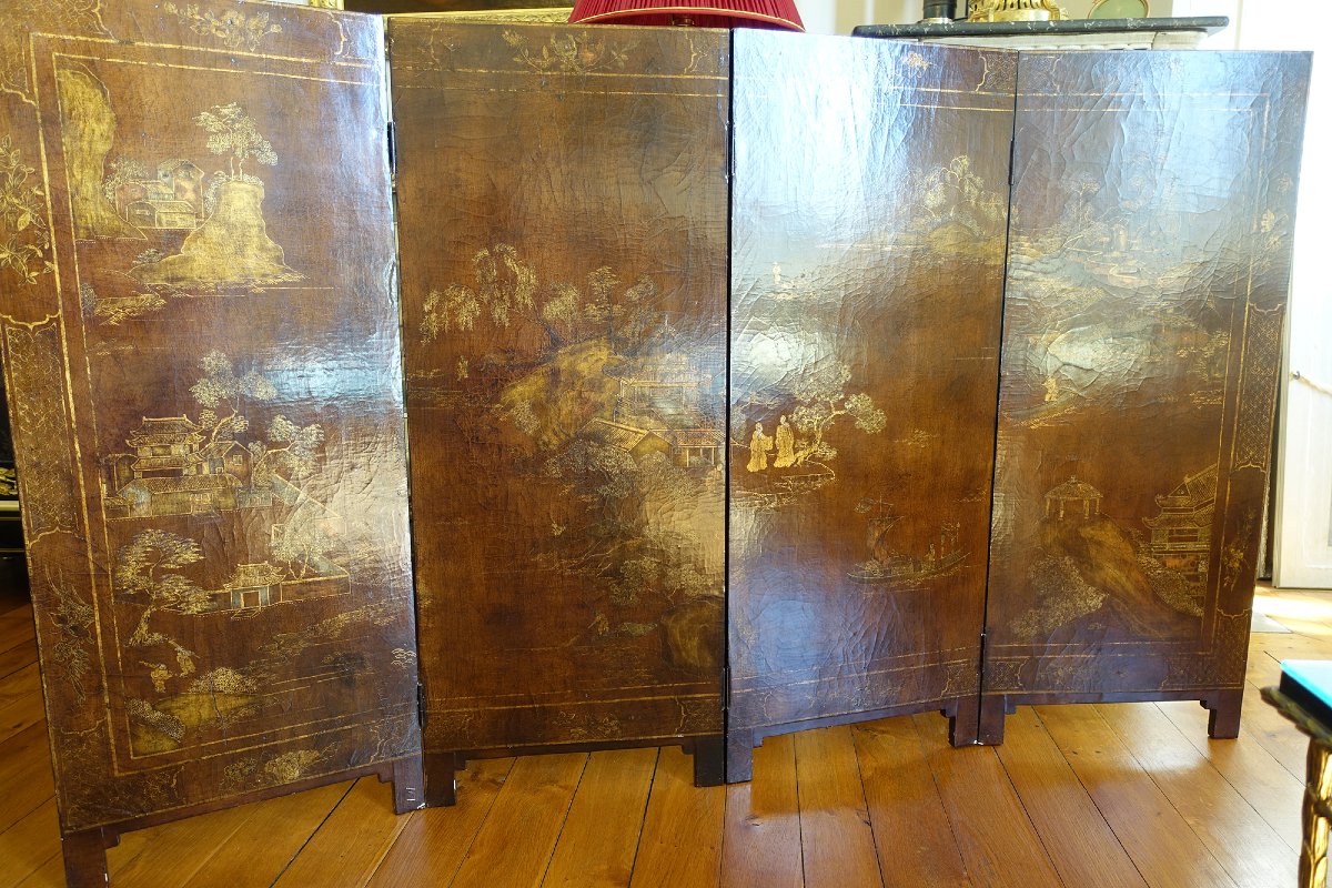 Four-panel Chinese Lacquer Screen With A Patinated Brown Background, Early 20th Century-photo-7