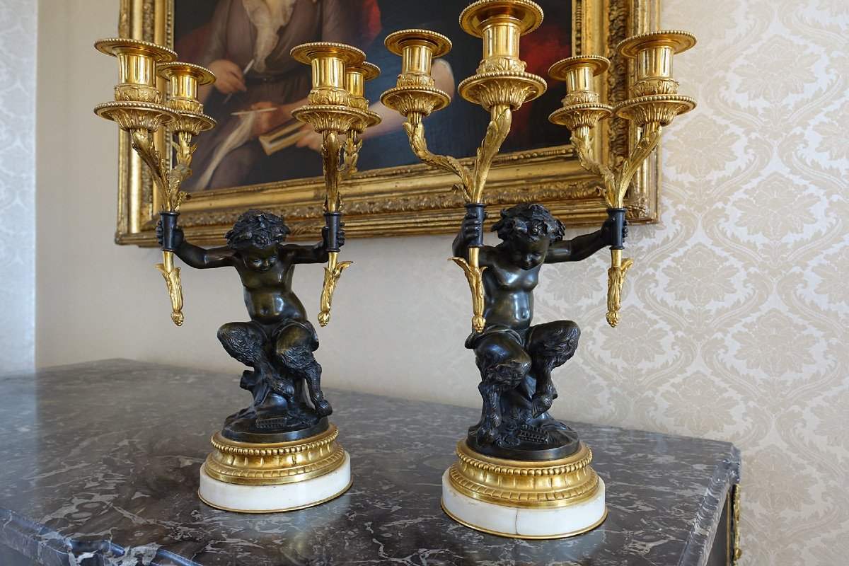 Paire de Candélabres en Bronze, « Aux Jeunes Faunes », dans le goût de Clodion – Fin XIXème-photo-2