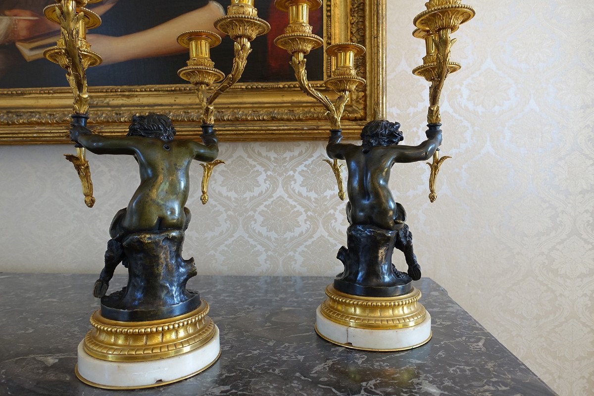 Paire de Candélabres en Bronze, « Aux Jeunes Faunes », dans le goût de Clodion – Fin XIXème-photo-4