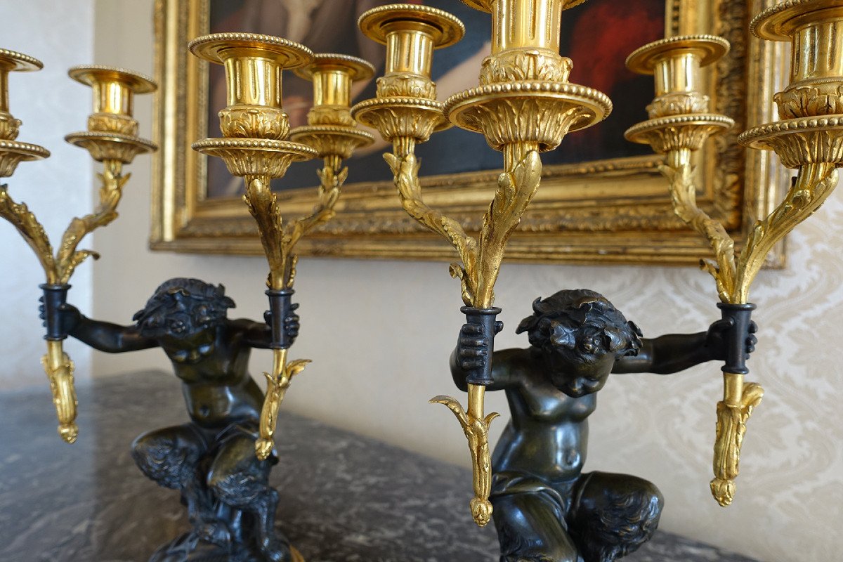 Paire de Candélabres en Bronze, « Aux Jeunes Faunes », dans le goût de Clodion – Fin XIXème-photo-5