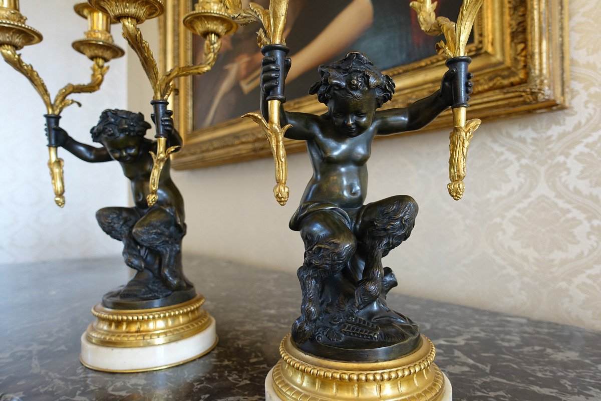Paire de Candélabres en Bronze, « Aux Jeunes Faunes », dans le goût de Clodion – Fin XIXème-photo-6
