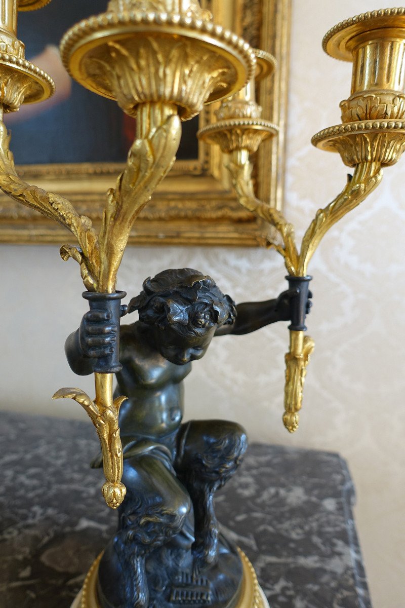 Paire de Candélabres en Bronze, « Aux Jeunes Faunes », dans le goût de Clodion – Fin XIXème-photo-7