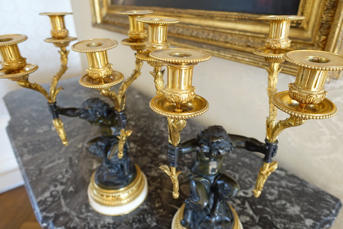 Paire de Candélabres en Bronze, « Aux Jeunes Faunes », dans le goût de Clodion – Fin XIXème-photo-8