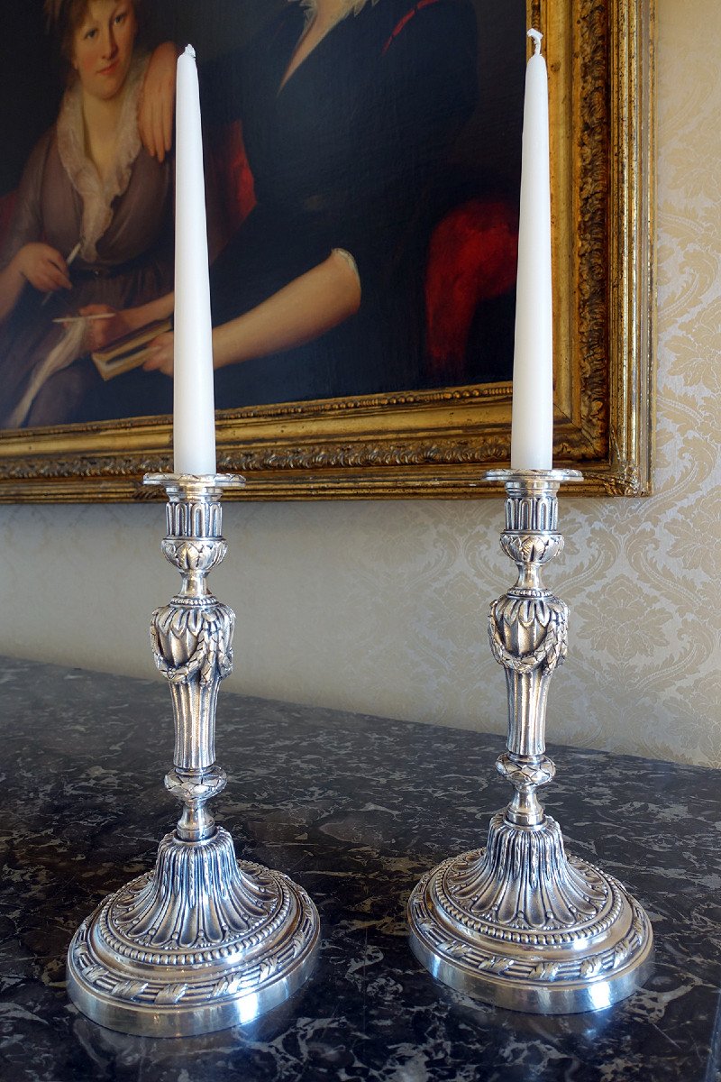  Paire Bougeoirs Flambeaux Louis XVI Bronze Argenté