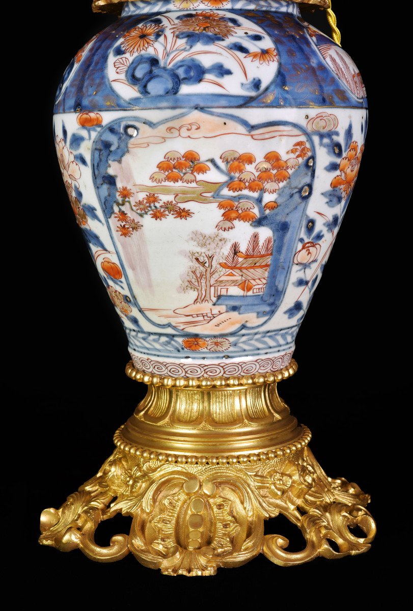 Lampe En Porcelaine à Décor Imari Et Monture En Bronze Doré, XIXème-photo-2