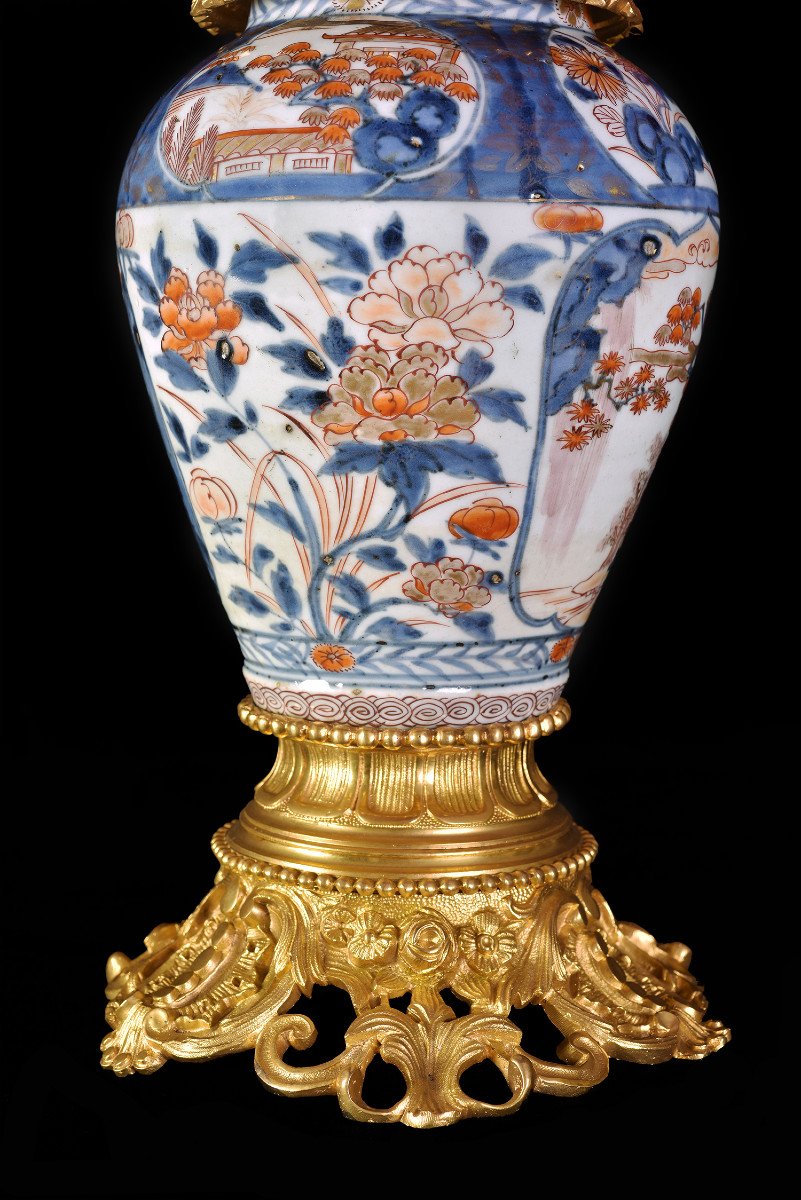 Porcelain Lamp With Imari Decor And Gilt Bronze Frame, XIXth-photo-3