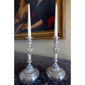 Pair Of Louis XVI Flambeaux Candlesticks Silvered Bronze