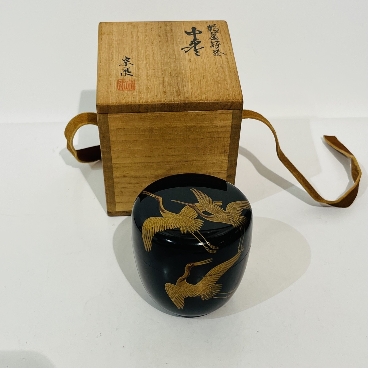 Natsume boîte à thé japonaise laquée grues et gindame - Japon-photo-1