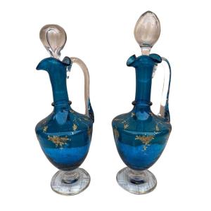 Paire De Carafes Bleues En Verre 