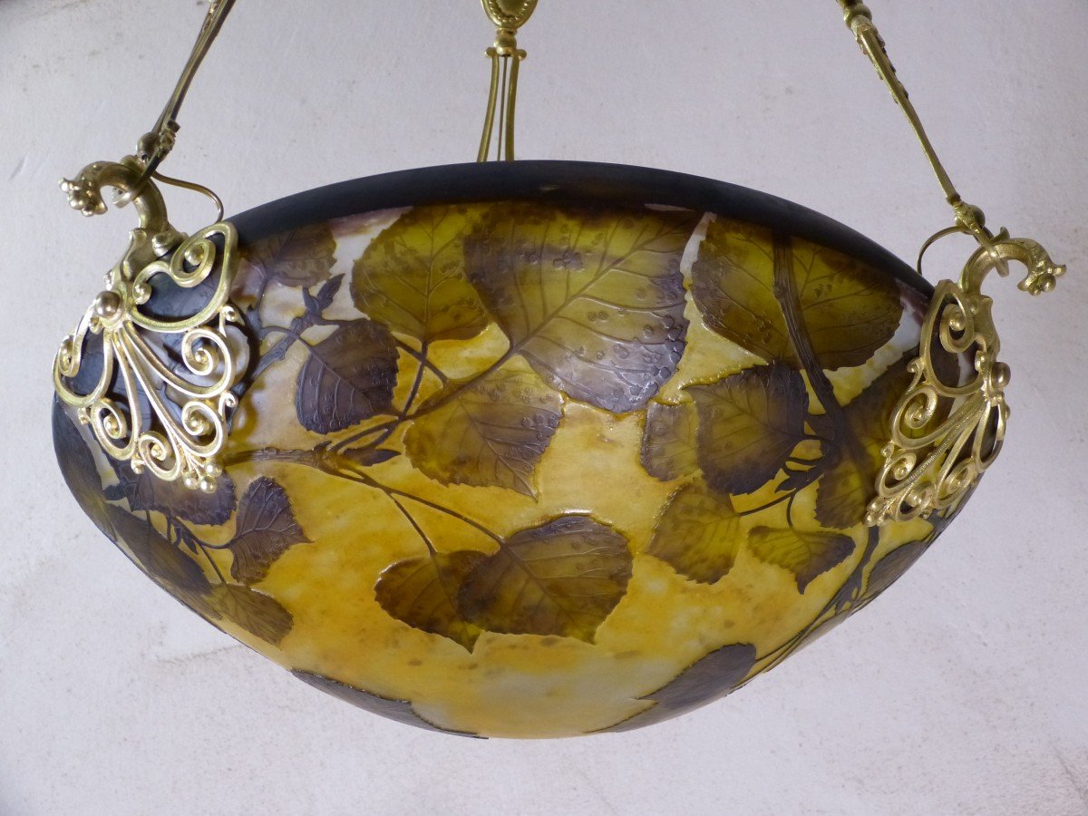 Daum Lustre Plafonnier Vasque Art Nouveau Gravé Peuplier-photo-1