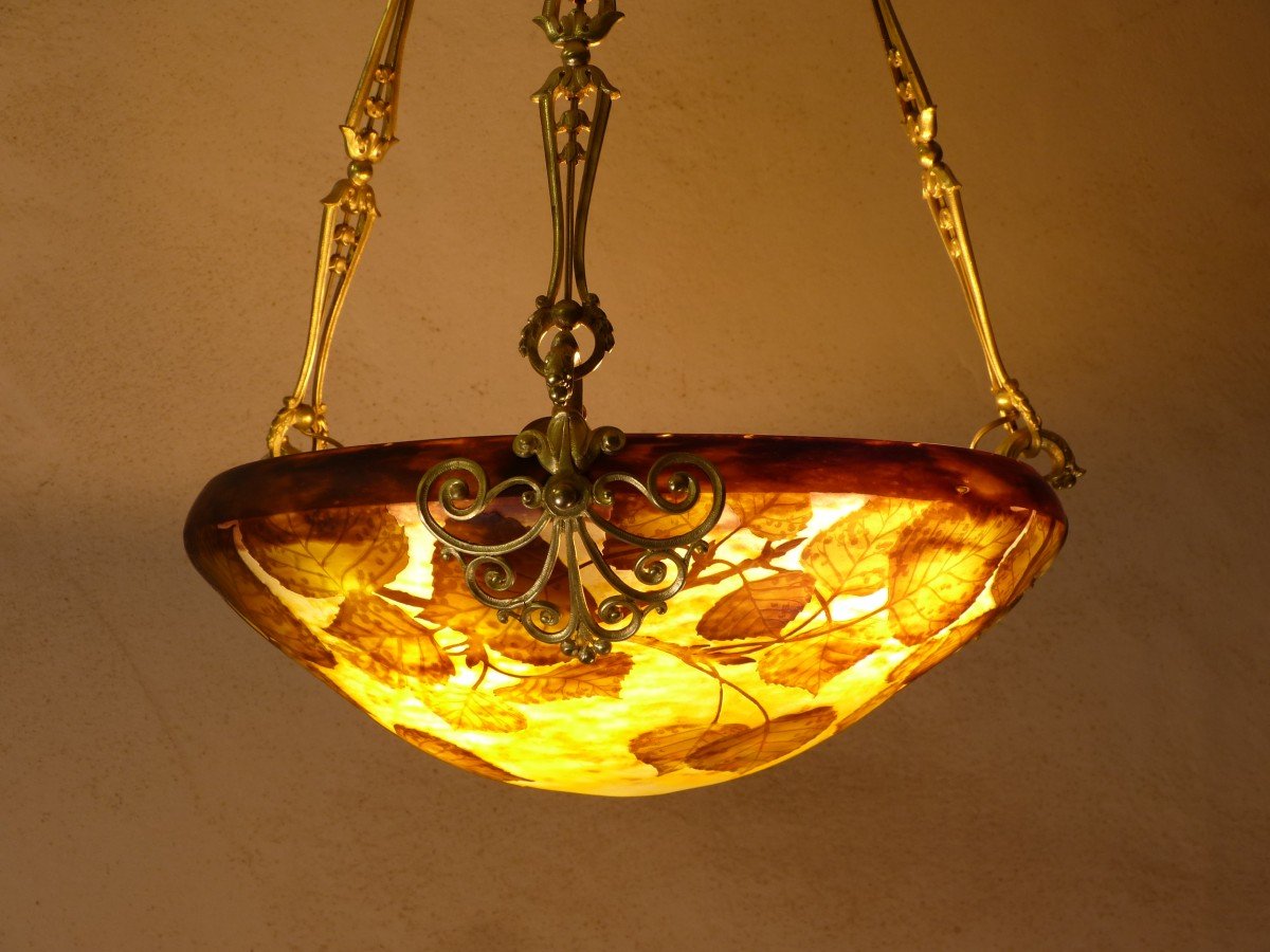 Daum Lustre Plafonnier Vasque Art Nouveau Gravé Peuplier-photo-6