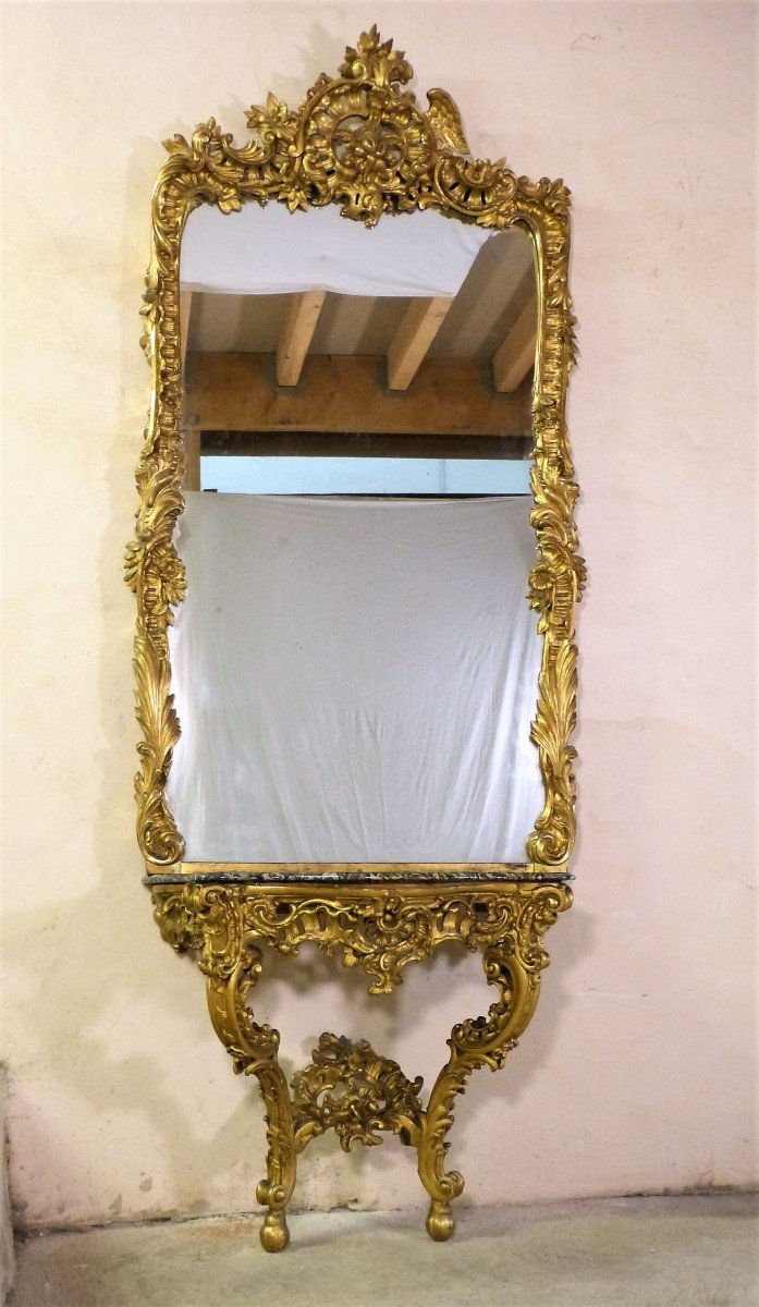 Console Et Son Miroir Bois Doré Italie 18ème H 274 Cm