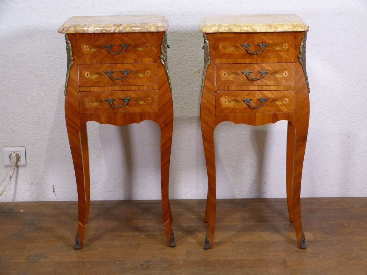 Pair Of Bedside Tables Louis XV Rosewood Marquetry Flowers-photo-3