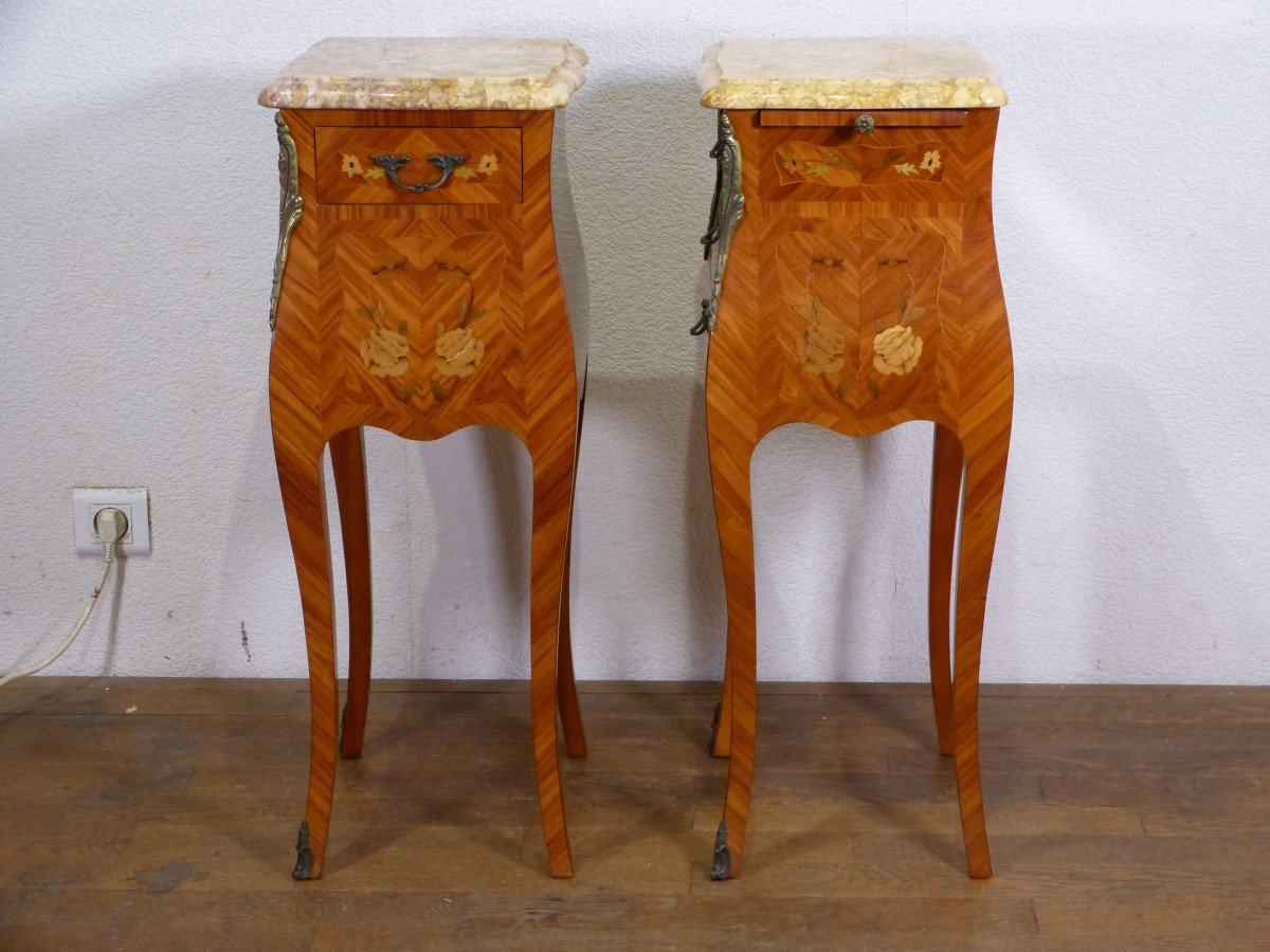 Pair Of Bedside Tables Louis XV Rosewood Marquetry Flowers-photo-4