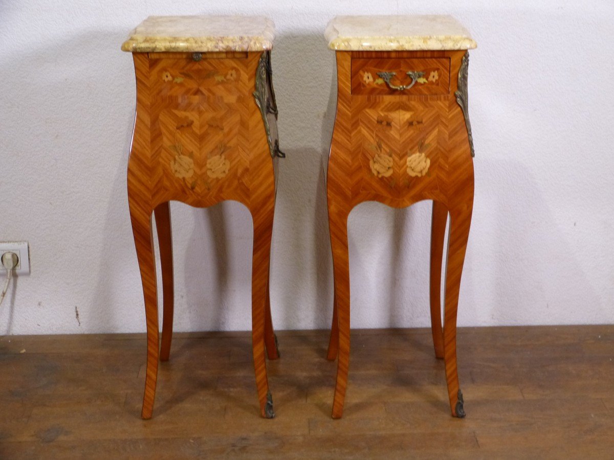 Pair Of Bedside Tables Louis XV Rosewood Marquetry Flowers-photo-2