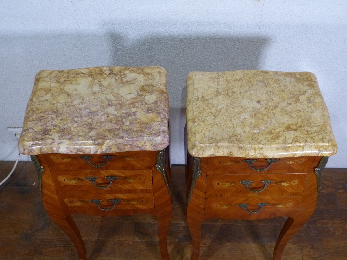 Pair Of Bedside Tables Louis XV Rosewood Marquetry Flowers-photo-3