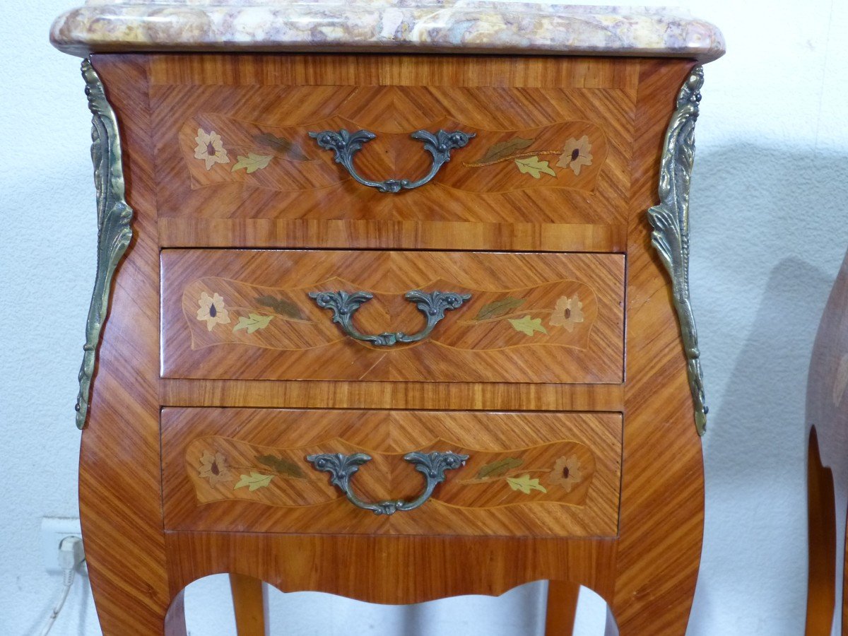 Pair Of Bedside Tables Louis XV Rosewood Marquetry Flowers-photo-5