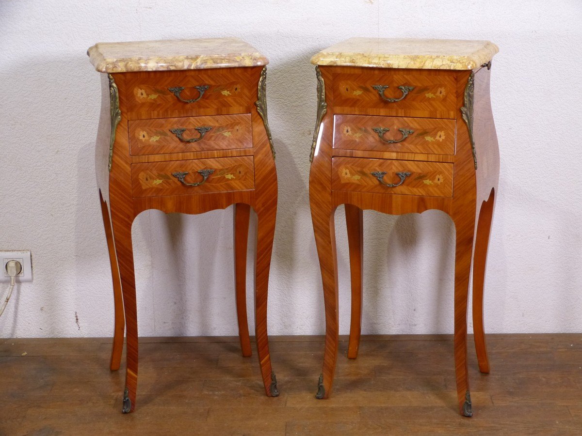 Pair Of Bedside Tables Louis XV Rosewood Marquetry Flowers