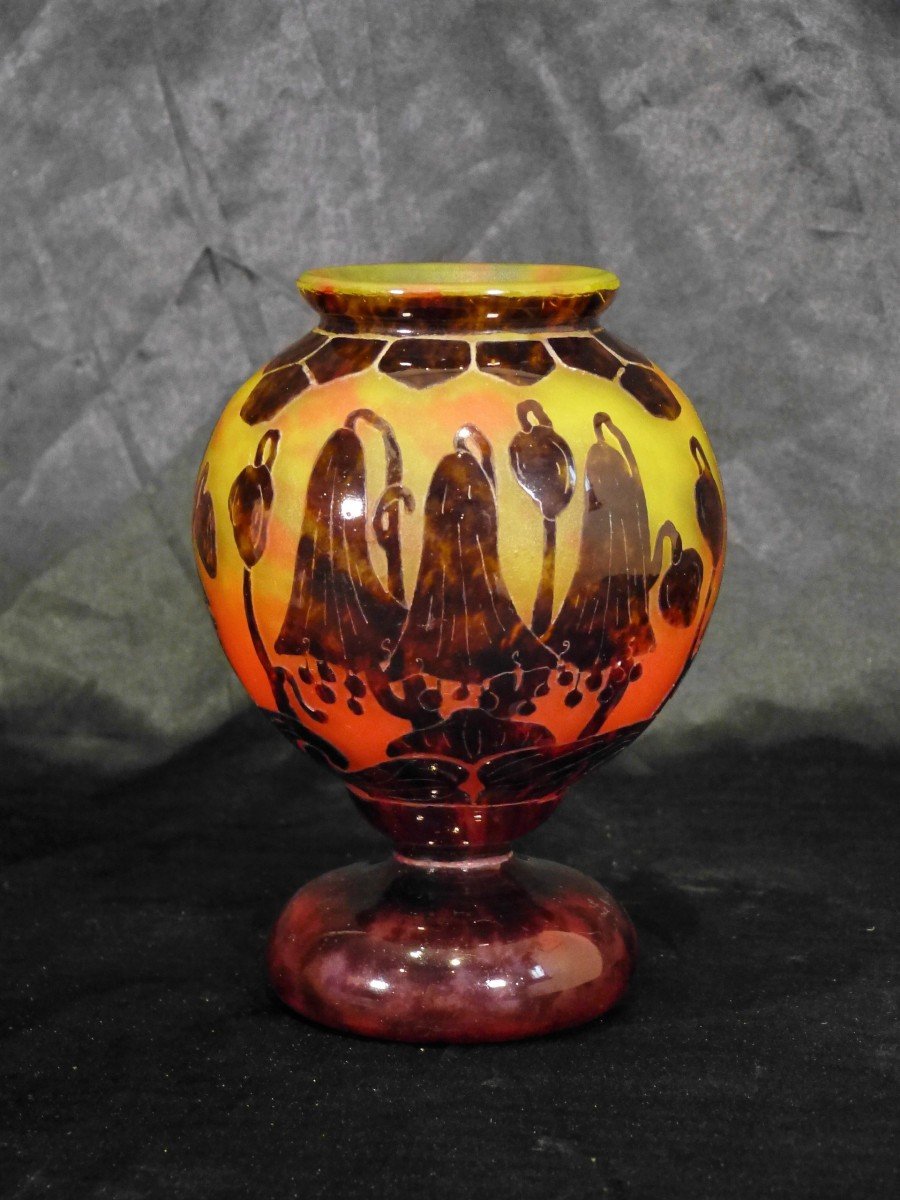 French Glass Vase With Bellflowers Schneider Engraved Glass-photo-3