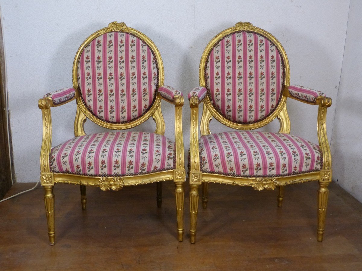 Pair Of Golden Wood Armchairs Louis XVI 19th-photo-2