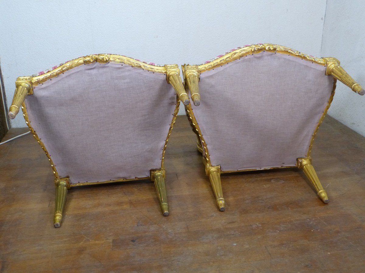 Pair Of Golden Wood Armchairs Louis XVI 19th-photo-2