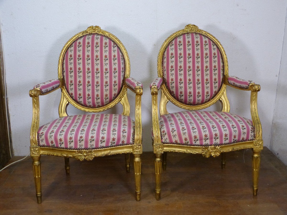 Pair Of Louis XVI Golden Wood Armchairs 19th-photo-2