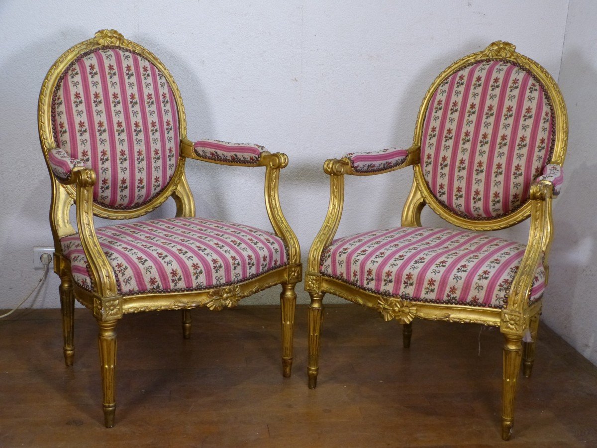 Pair Of Louis XVI Golden Wood Armchairs 19th