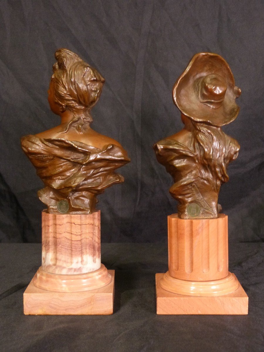 Georges Van Der Straeten, 2 Art Nouveau Bronze Busts-photo-3
