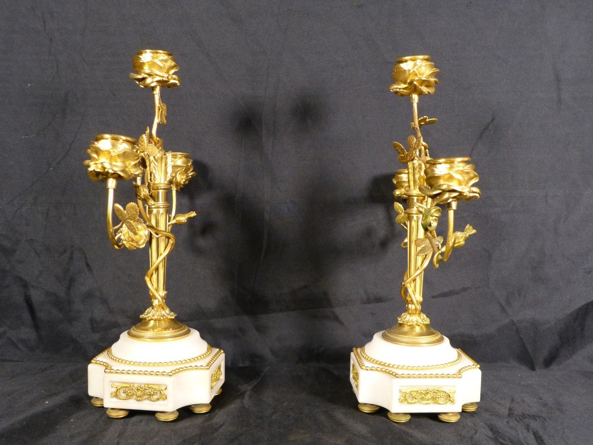 Pair Of Candelabras Louis XVI Period Gilt Bronze White Marble-photo-3