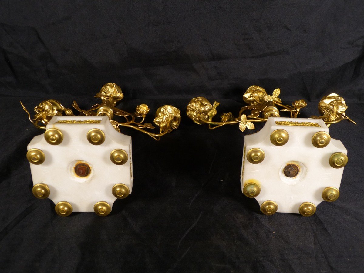 Pair Of Candelabras Louis XVI Period Gilt Bronze White Marble-photo-5