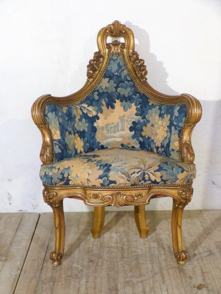 Golden Corner Armchair Aubusson Tapestry Louis XV Napoleon III-photo-2