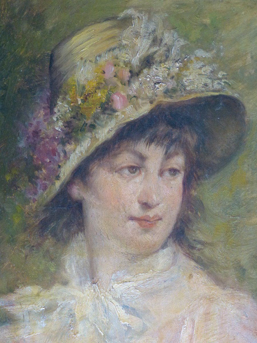 Portrait Impressioniste Style Renoir Monogrammé Jeune Fille Au Chapeau De Fleurs-photo-3