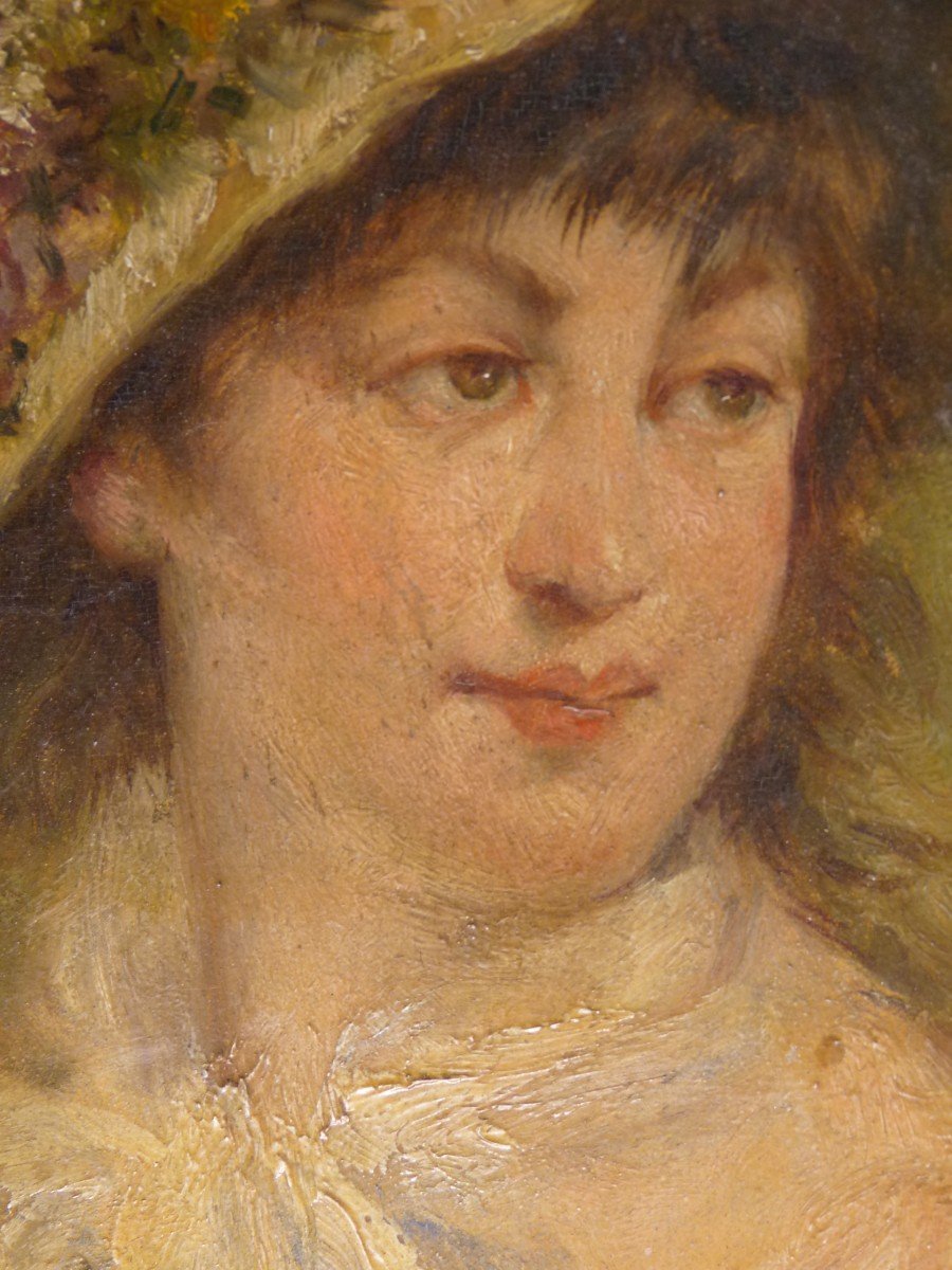 Portrait Impressioniste Style Renoir Monogrammé Jeune Fille Au Chapeau De Fleurs-photo-1
