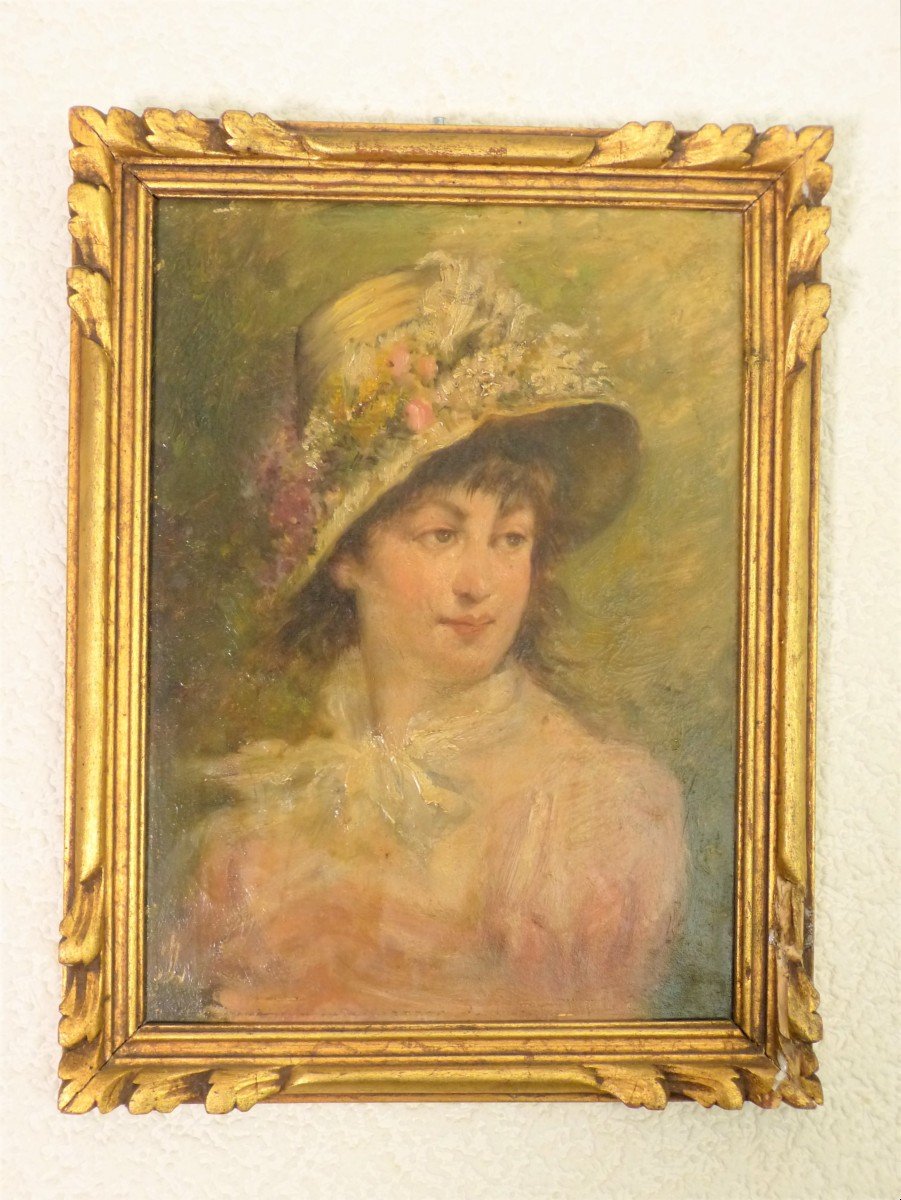 Portrait Impressioniste Style Renoir Monogrammé Jeune Fille Au Chapeau De Fleurs