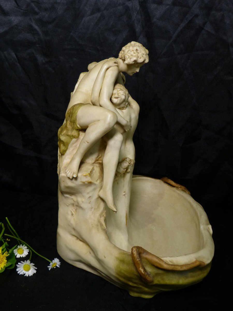 Aloïs Hampel Art Nouveau Porcelain Vide Poche Royal Dux Bohemia Embracing Couple-photo-4