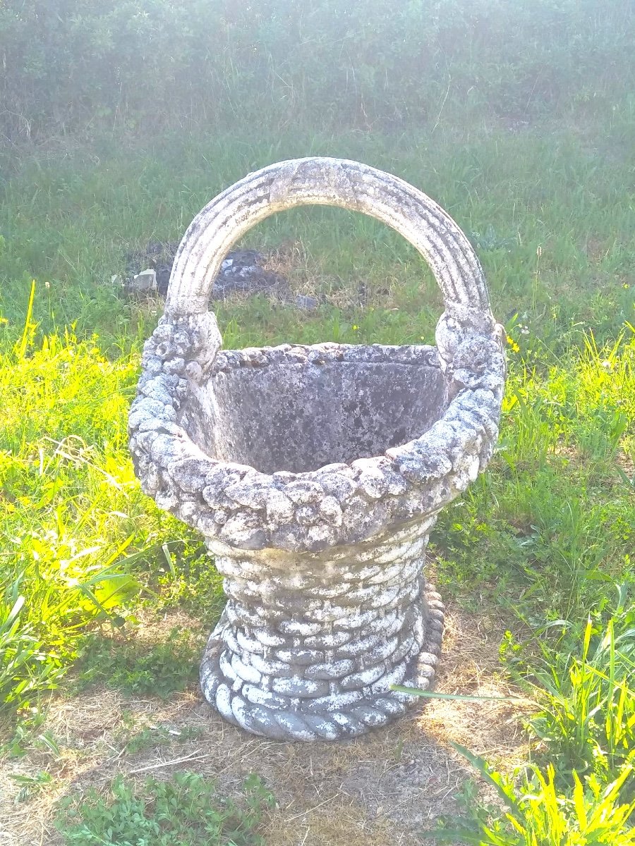 Grande Jardinière En Pierre Reconstituée Forme Panier à Anse-photo-3