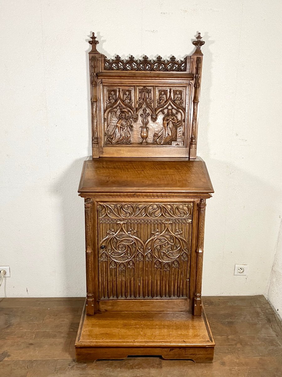 Gothic Oratory In Walnut Annunciation Virgin Mary Angel-photo-2