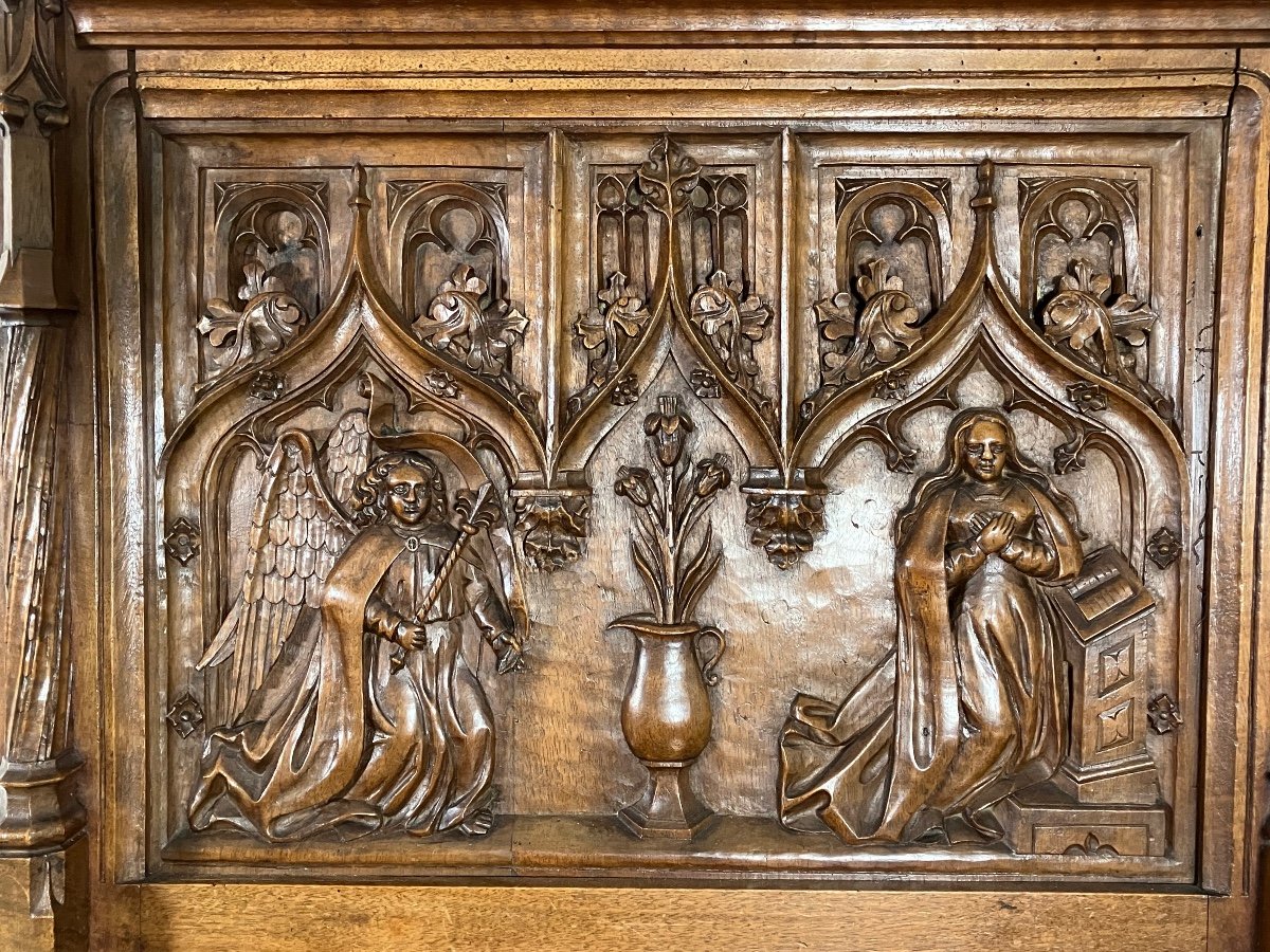 Gothic Oratory In Walnut Annunciation Virgin Mary Angel-photo-3